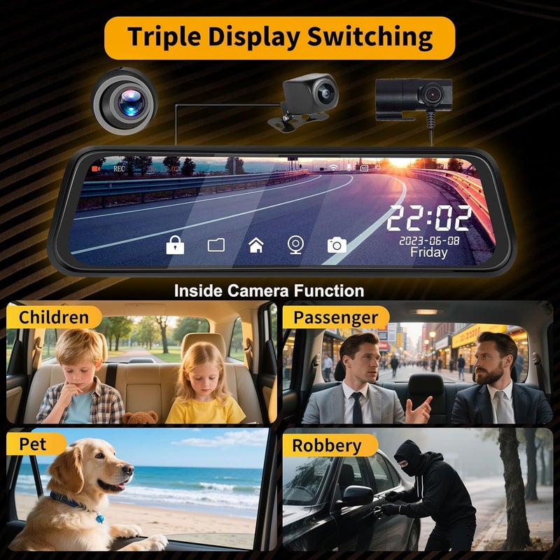 UNITOPSCI 3 Channel 9.66'' WiFi Mirror Dash Cam with Front and Rear Camera IPS Touch Screen,Triple Rear View Mirror Camera with App Recording,64GB TF Card,Loop Recording,Night Vision, G-Sensor Parking Monitor - Image 3